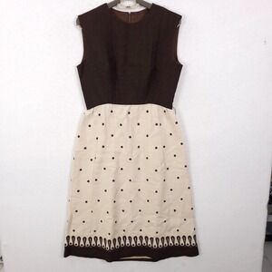 Malcolm Starr Dress Womens S Brown Cream Polka Dot Vintage 60s Mod Embroidered